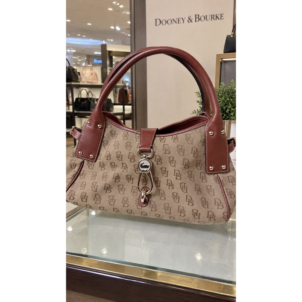 Dooney & Bourke DB Signature Jacquard Large Satchel Tote Handbag Brown Vintage
